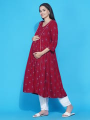 Mine4Nine Women Red Floral Printed A-Line Maternity Kurta