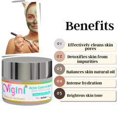 Vigini 45% Actives Anti Acne Clay Face Facial Pack Mask Women Boys Girls 50g | Pimple Scars Blemish Blackheads Remover Control Oil Sebum Pores Tightening Vitamin E Witch Hazel Green Tea