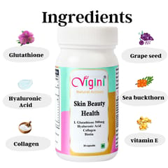 Vigini Natural Glutathione 500mg, Biotin, Hyaluronic Acid Collagen, Vitamin C, Brightening Glowing Healthy Youthful Radiance Skin Whitening Detoxification Women 30 capsule