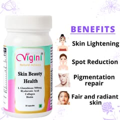 Vigini Natural Glutathione 500mg, Biotin, Hyaluronic Acid Collagen, Vitamin C, Brightening Glowing Healthy Youthful Radiance Skin Whitening Detoxification Women 30 capsule