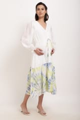 Tie dye calf-length dress with tie-up strings in front.