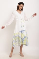 Tie dye calf-length dress with tie-up strings in front.