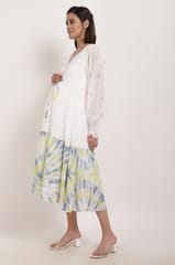 Tie dye calf-length dress with tie-up strings in front.