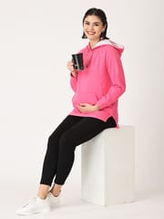 The Mom Store Combo Of Rose Maternity Hoodie Sweatshirt With Black Leggings