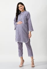 Mometernity Cotton Hand Block Print Maternity & Nursing Kurta set of 2 pcs - Puple