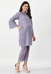 Mometernity Cotton Hand Block Print Maternity & Nursing Kurta set of 2 pcs - Puple