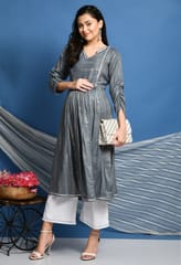 Mometernity Rayon Lurex Maternity & Nursing Kurta set of 2 pcs - Grey & White