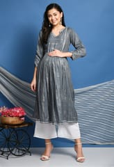 Mometernity Rayon Lurex Maternity & Nursing Kurta set of 2 pcs - Grey & White