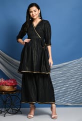 Mometernity Cotton Lurex Maternity & Nursing Angrakha Kurta Sharara set of 2 pcs -Black