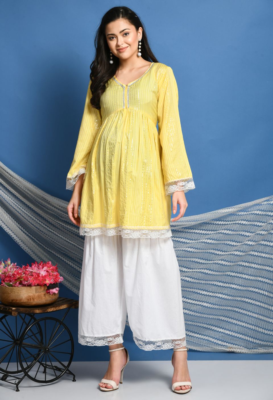 Mometernity Cotton Lurex Maternity & Nursing Suit & Sharara set of 2 pcs - Lemon Yellow