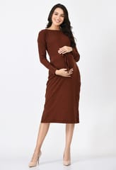 Mometernity Ribbed Maternity Midi Dress set of 1 Pcs - Brown