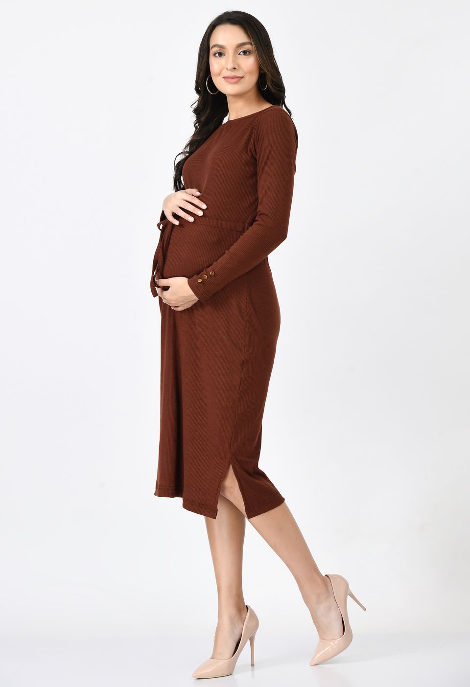 Mometernity Ribbed Maternity Midi Dress set of 1 Pcs - Brown