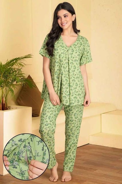 Clovia Feeding Pretty Florals Top & Pyjama in Mint Green - Rayon