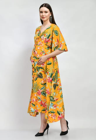 Mometernity Rayon Tropical Print Maternity & Nursing Shirt Dress Set of 1 pcs  - Yellow