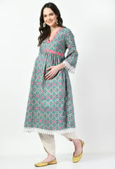 Mometernity Cotton Moroccon print Maternity Kurta set of 1 Pcs- Turqouise