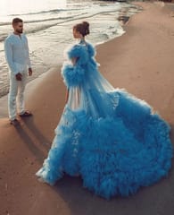 Pretty Blue Beach Long Tulle Robe Women Maternity Gown