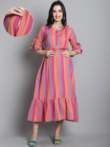 Moms Maternity Sustainable Cotton Pink Striped Maternity Maxi Dress