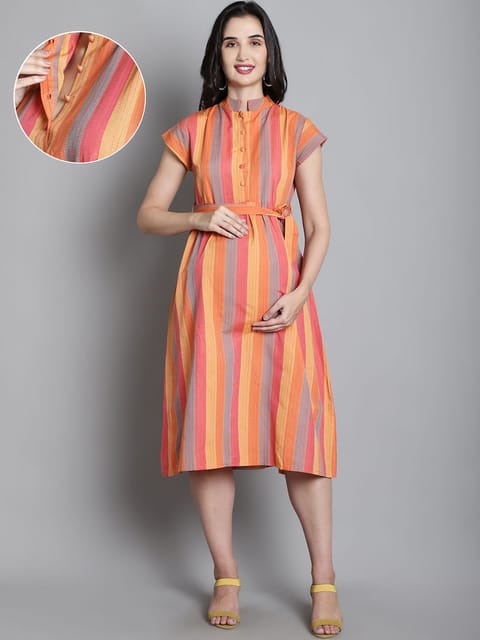 Moms Maternity Sustainable Cotton Orange Striped Maternity Midi Dress