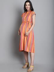 Moms Maternity Sustainable Cotton Orange Striped Maternity Midi Dress