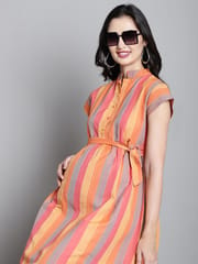 Moms Maternity Sustainable Cotton Orange Striped Maternity Midi Dress