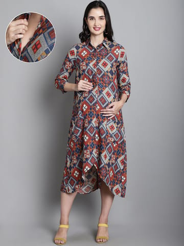 Moms Maternity Geomatric Print Rayon Shirt Collar Maternity Midi Dress