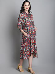 Moms Maternity Geomatric Print Rayon Shirt Collar Maternity Midi Dress