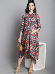 Moms Maternity Geomatric Print Rayon Shirt Collar Maternity Midi Dress