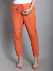 Moms Maternity Solid Orange Sustainable Cotton Ankel Length Maternity Trouser