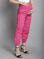 Moms Maternity Solid Pink Sustainable Cotton Ankel Length High Rise Maternity Trouser