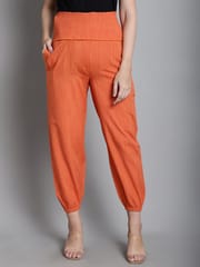 Moms Maternity Solid Orange Sustainable Cotton Ankel Length High Rise Maternity Trouser