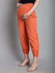 Moms Maternity Solid Orange Sustainable Cotton Ankel Length High Rise Maternity Trouser