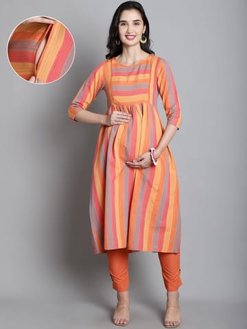 Moms Maternity Women's Cotton Sustainable Orange Kurta with Palazzo Maternity Sets