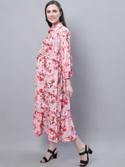 Moms Maternity Women's Maternity Crepe Floral Print Pink Midi Dress