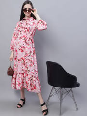 Moms Maternity Women's Maternity Crepe Floral Print Pink Midi Dress