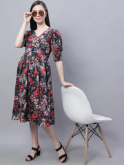 Moms Maternity Women's Maternity Crepe Floral Print Black Midi Dress