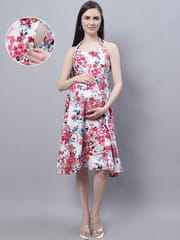 Moms Maternity Women's Maternity Crepe Floral Pink Print Multi Color Midi Dress