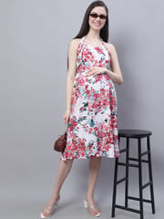 Moms Maternity Women's Maternity Crepe Floral Pink Print Multi Color Midi Dress