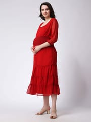 Moms Maternity Women's Georgette Solid Red Butta Maxi Dress