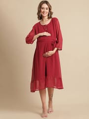 Moms Maternity Women's Maternity Georgette Polka Dot Print Red Midi Dress