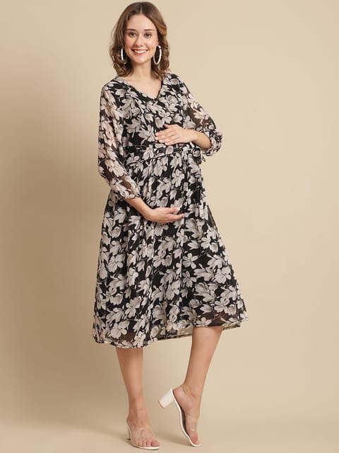 Moms Maternity Women's Maternity Georgette Floral Print Black Midi Dress