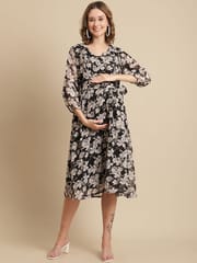 Moms Maternity Women's Maternity Georgette Floral Print Black Midi Dress