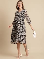 Moms Maternity Women's Maternity Georgette Floral Print Black Midi Dress