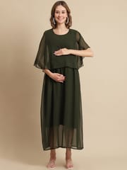 Moms Maternity Women's Maternity Georgette Solid Olive Color Midi Empire Dress