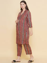 Mine4Nine Women's Stripe Red Color Shirt Collar Maternity & Nursing Kurta Set