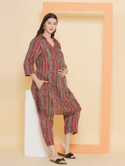 Mine4Nine Women's Stripe Red Color Shirt Collar Maternity & Nursing Kurta Set