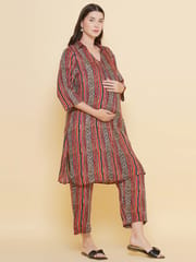 Mine4Nine Women's Stripe Red Color Shirt Collar Maternity & Nursing Kurta Set