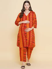 Mine4Nine Women's orange Color Shirt Collar Printed Maternity & Nursing Kurta Set