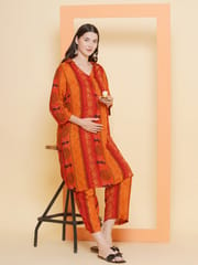 Mine4Nine Women's orange Color Shirt Collar Printed Maternity & Nursing Kurta Set