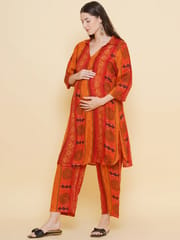 Mine4Nine Women's orange Color Shirt Collar Printed Maternity & Nursing Kurta Set