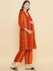 Mine4Nine Women's orange Color Shirt Collar Printed Maternity & Nursing Kurta Set